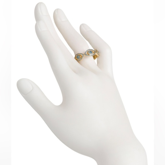Only 1 Left Kurt Geiger London Blue Pave Crystal Evil Eye Gold Tone Ring Size 8 - Picture 2 of 3